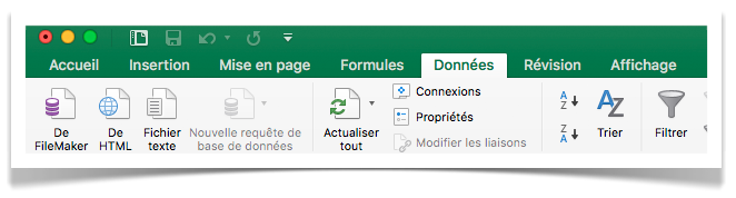 Onglet Données dans Excel avec le bouton Fichier Texte pour importer un CSV
