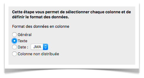 Assistant d'importation étape 3 : choix du format des colonnes