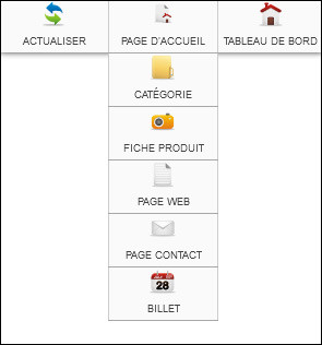 Barre de raccourcis front-office avec les options Actualiser, Option centrale et Tableau de bord