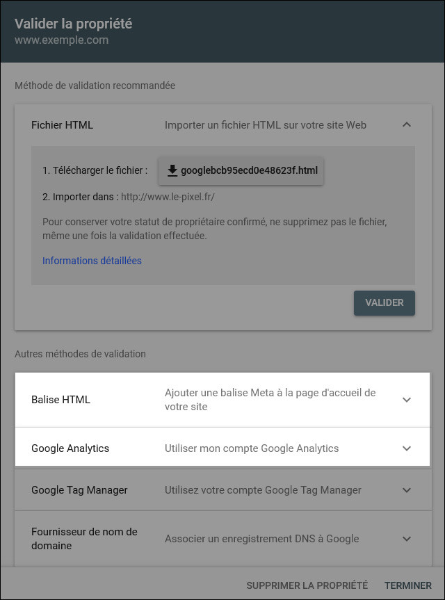 Écran de validation de propriété Search Console avec les différentes méthodes disponibles : fichier HTML, balise HTML, Google Analytics, Google Tag Manager