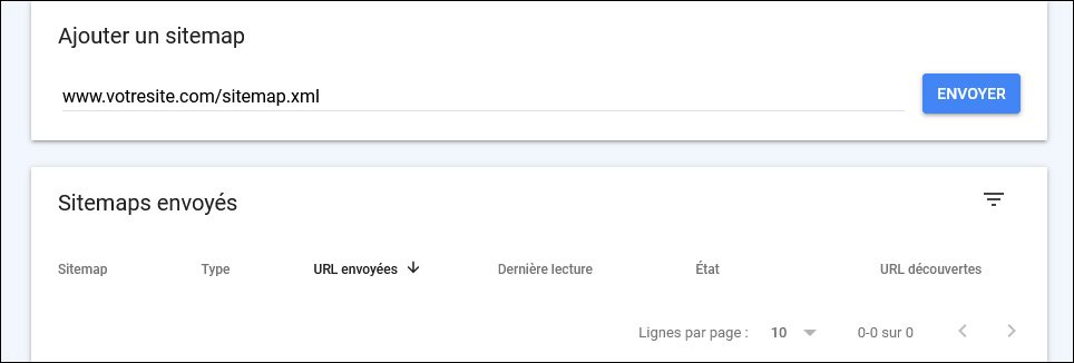 Page d'ajout de Sitemap dans Google Search Console avec le champ de saisie de l'URL