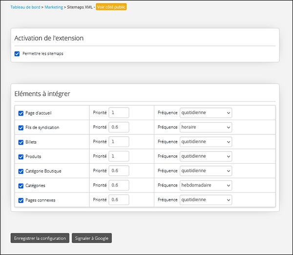 Page de configuration du Sitemap dans le back-office avec l'option Permettre les sitemaps et le bouton Enregistrer la configuration