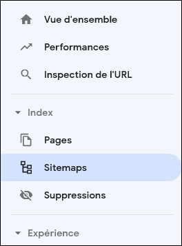 Menu latéral de Google Search Console avec l'option Sitemaps