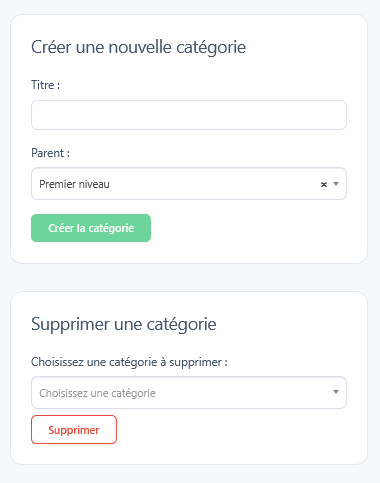 Formulaire de création et suppression de catégorie
