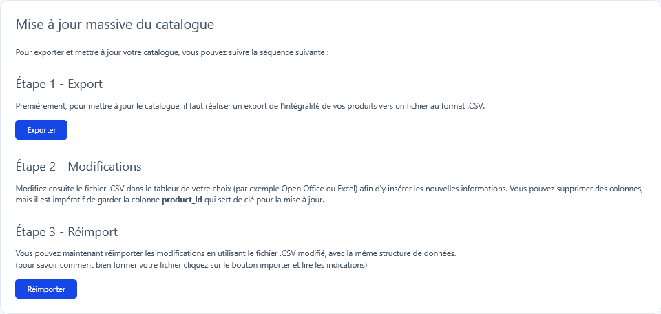 Page Mise à jour massive du catalogue avec les trois étapes : Export, Modifications et Réimport, accompagnées des boutons Exporter et Réimporter