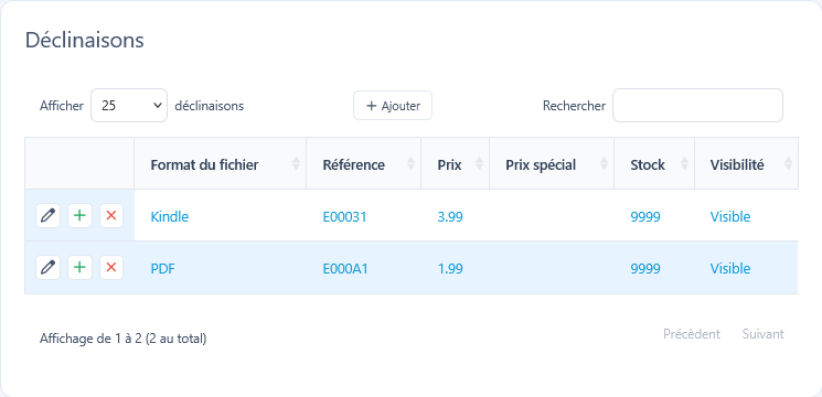Tableau des déclinaisons d'un produit téléchargeable, avec la colonne Format du fichier et deux exemples de déclinaisons : Kindle à 3,99 € et PDF à 1,99 €