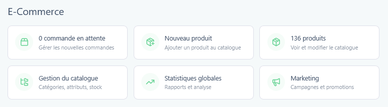 Section E-Commerce du tableau de bord avec ses six tuiles : commandes en attente, nouveau produit, produits, gestion du catalogue, statistiques globales et marketing