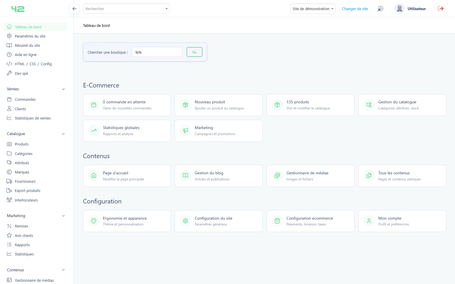 Page d'accueil du tableau de bord avec les raccourcis E-Commerce, Contenus et Configuration